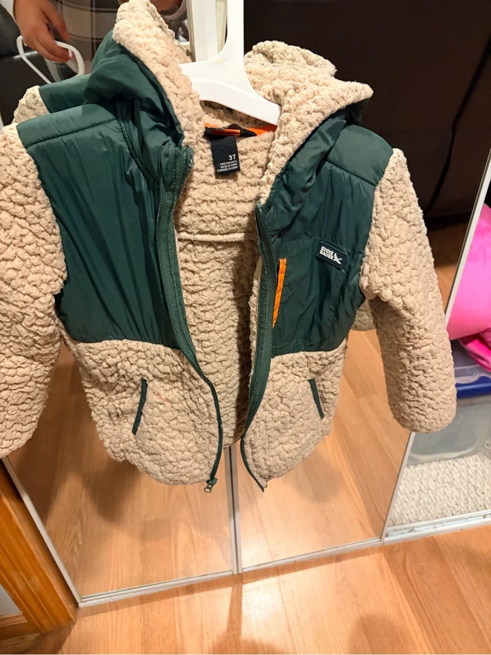 Eddie Bauer Beige Sherpa Jacket with Forest Green Quilted Panels 3T